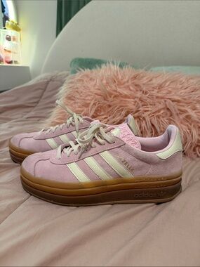 adidas Pink Suede Gazelle Platform Sneakers with Cream Stripes